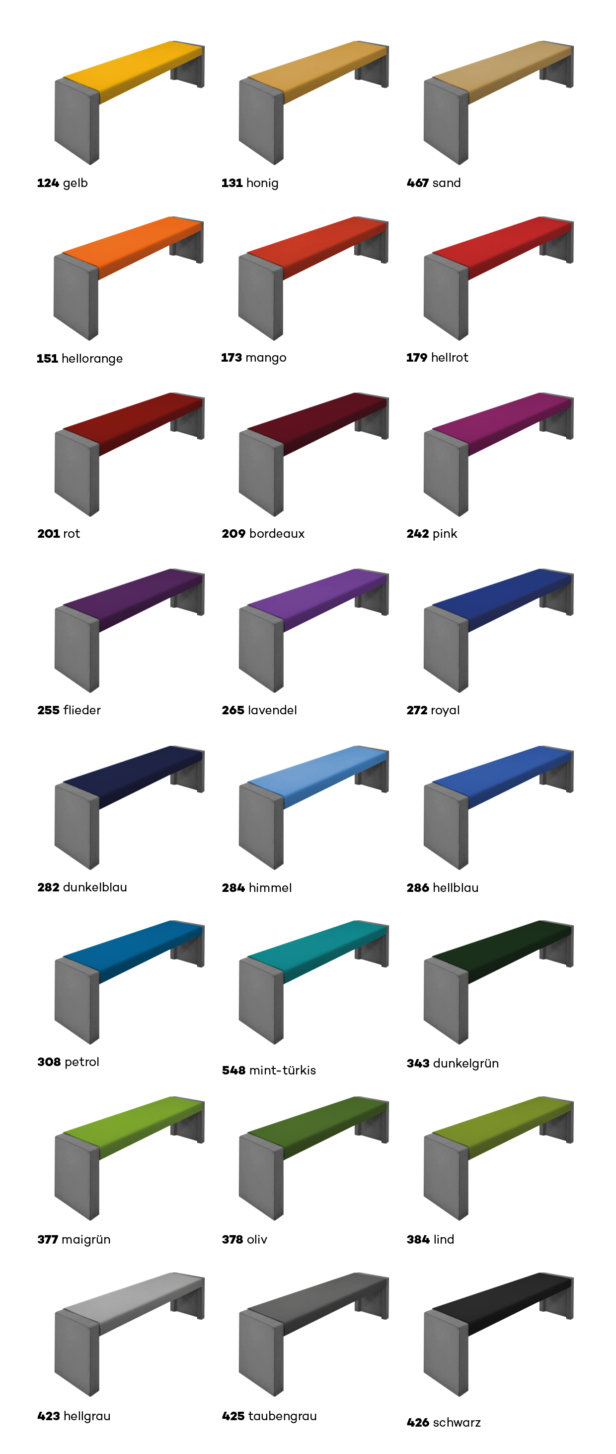 Darstellung der dunkelgrauen Betoniu Brandschutzbänke aus Beton (entsprechen Brandklasse A1) mit Filzauflagen in 24 Farben (entsprechen Brandklasse B1)