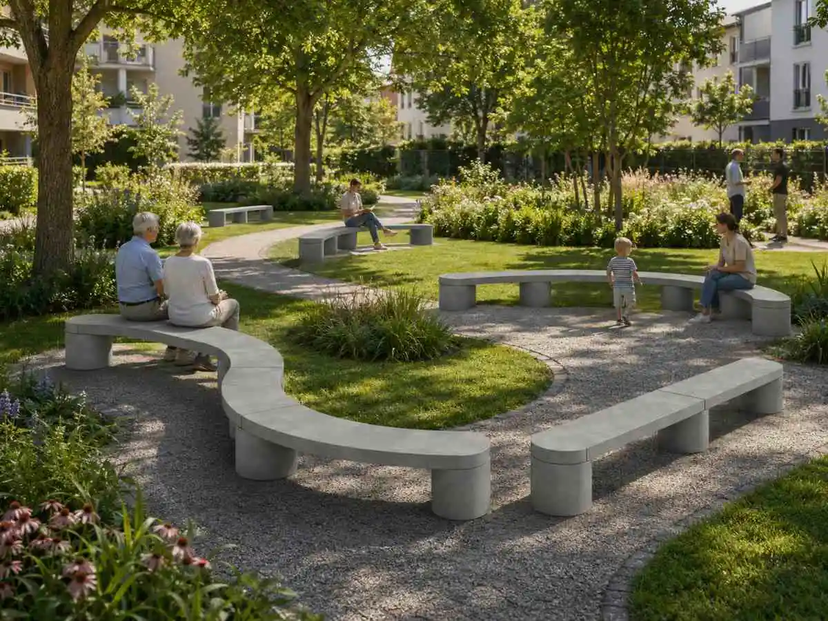 Concrete Rounded – modulares, verkettes Systemmöbel für Betonbänke für innen und außen. Von Betoniu. Hier in einer KI-Anmutung eines Nachbarschaftsparks. Concrete Rounded – modulares, verkettes Systemmöbel für Betonbänke für innen und außen. Von Betoniu. Hier in einer KI-Anmutung eines Nachbarschaftsparks.