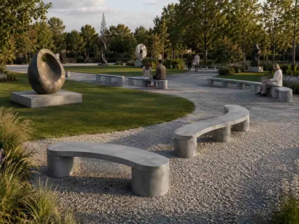 Concrete Rounded – modulare, verkette Betonbänke für innen und außen von Betoniu, hier in einer KI-Anmutung eines Skulturenparks.