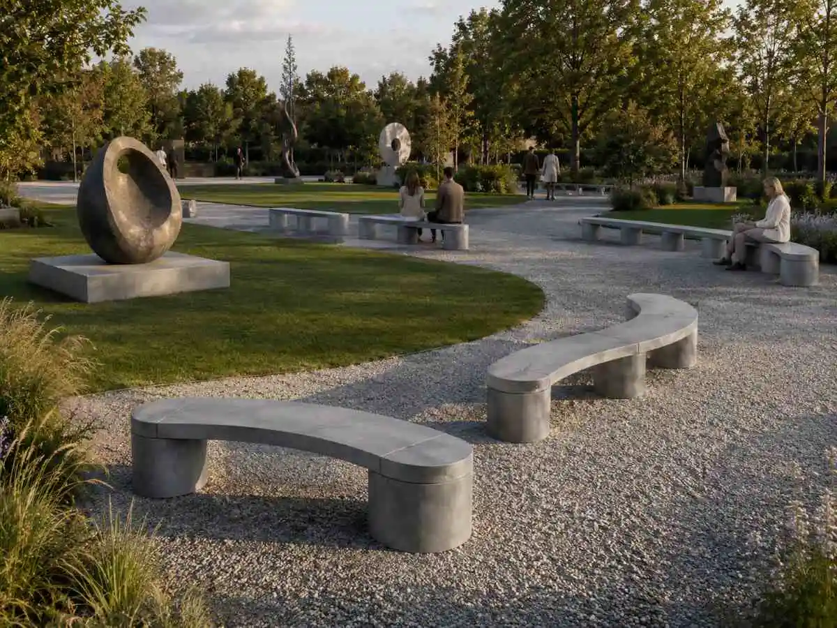 Concrete Rounded – modulare, verkette Betonbänke für innen und außen von Betoniu, hier in einer KI-Anmutung eines Skulturenparks. Concrete Rounded – modulare, verkette Betonbänke für innen und außen von Betoniu, hier in einer KI-Anmutung eines Skulturenparks.