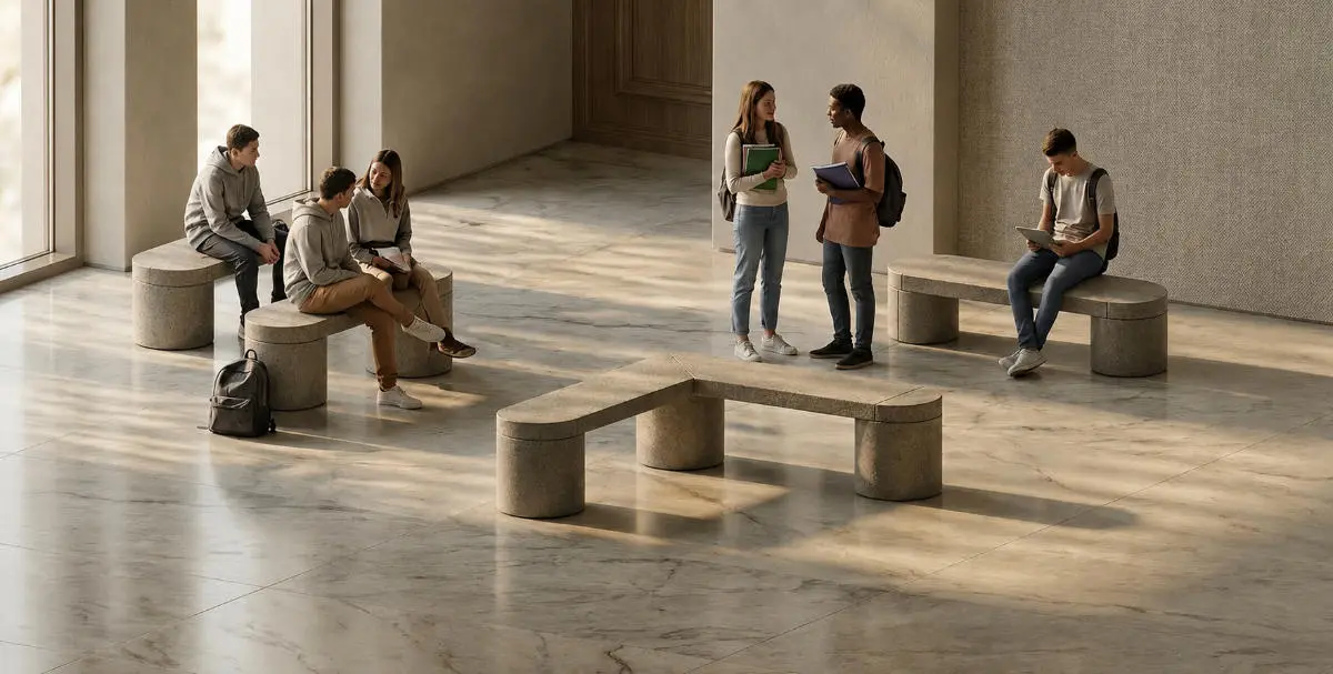 ConcreteRounded in einem Schulflur. Ein modulares Objektmöbelsystem aus Beton von Betoniu ConcreteRounded in einem Schulflur. Ein modulares Objektmöbelsystem aus Beton von Betoniu