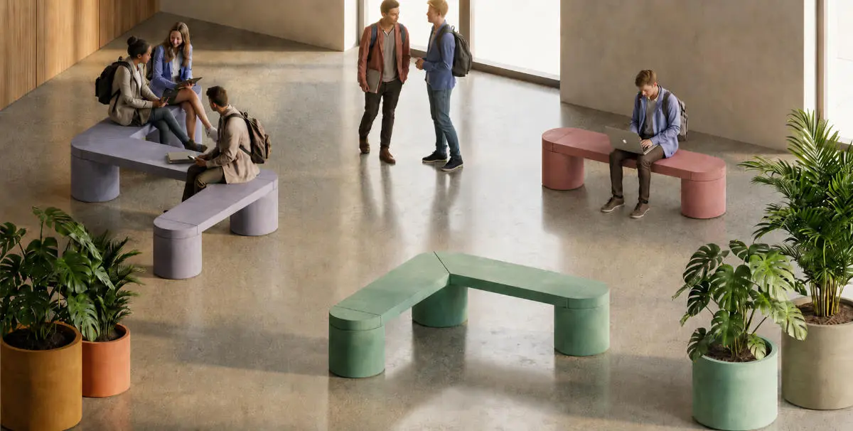 Farbige Variante des Objektmöbels Concrete Rounded von Betoniu in einer Schule Farbige Variante des Objektmöbels Concrete Rounded von Betoniu in einer Schule