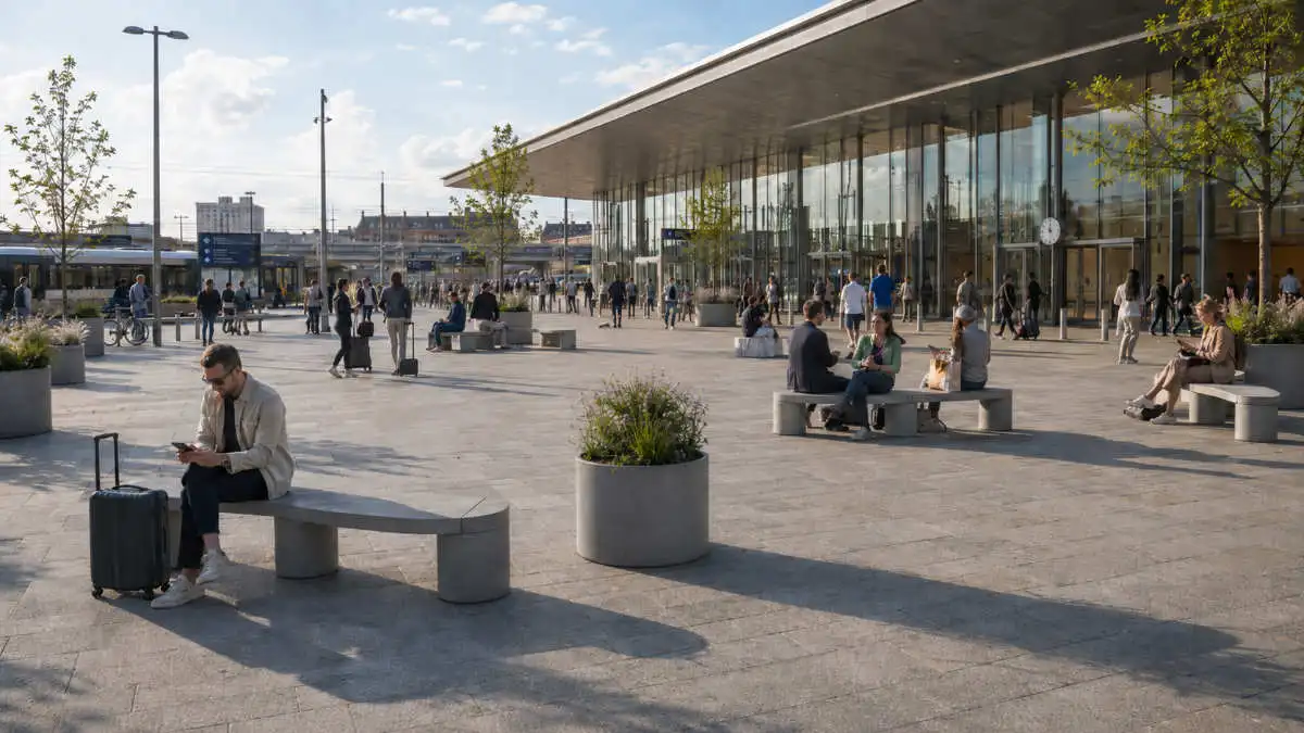 Das modulare Stadtmöbel Concrete Rounded von Betoniu strukturiert mit Bankkombinationen, Pflanzgefäßen und Tischen große und kleine Plätze in der Stadt (KI-Anmutung) Das modulare Stadtmöbel Concrete Rounded von Betoniu strukturiert mit Bankkombinationen, Pflanzgefäßen und Tischen große und kleine Plätze in der Stadt (KI-Anmutung)