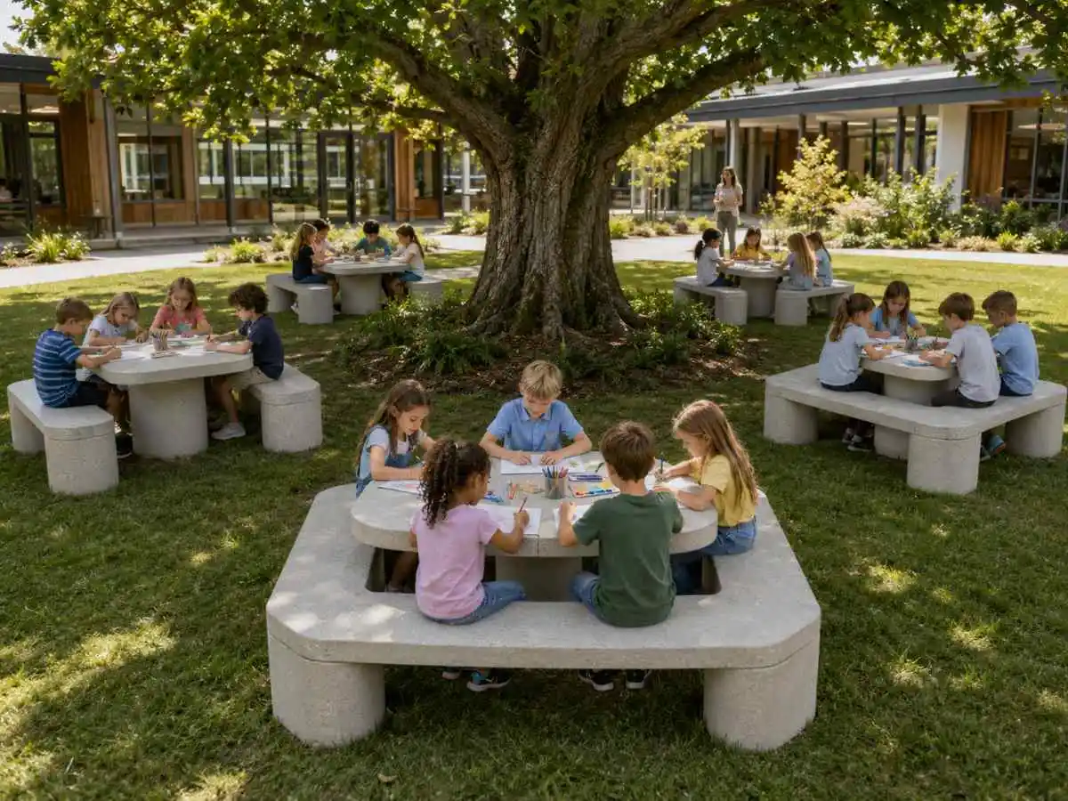 OpenAir Classroom mit dem modularen Objektmöbelsystem Concrete Rounded von Betoniu OpenAir Classroom mit dem modularen Objektmöbelsystem Concrete Rounded von Betoniu