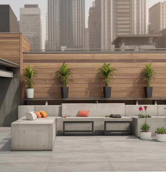 Betonmöbel Inspirationen von Betoniu: Lounge mit Betonmöbeln auf Dachterrasse