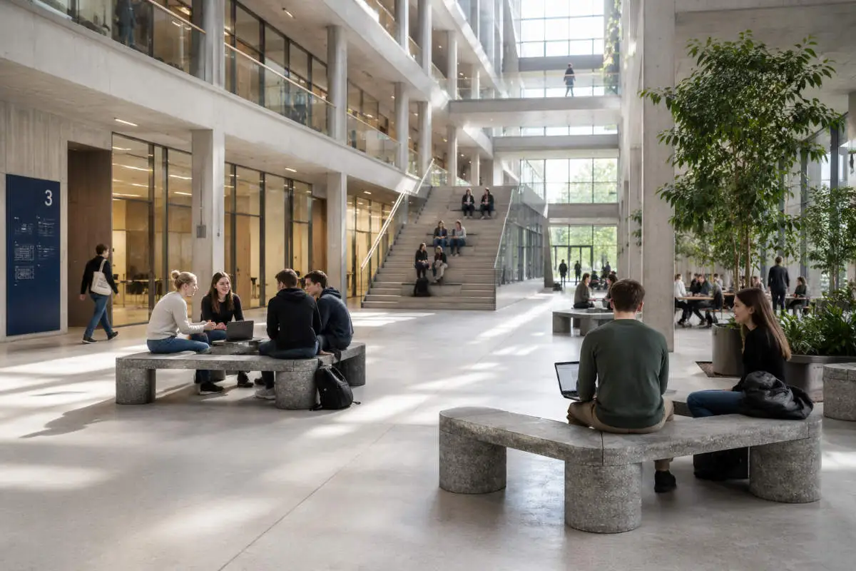 Modulare Objektmöbel aus Beton von Betoniu – die Concrete Rounded Kollektion im Foyer einer Universität (KI-Anmutung) Modulare Objektmöbel aus Beton von Betoniu – die Concrete Rounded Kollektion im Foyer einer Universität (KI-Anmutung)